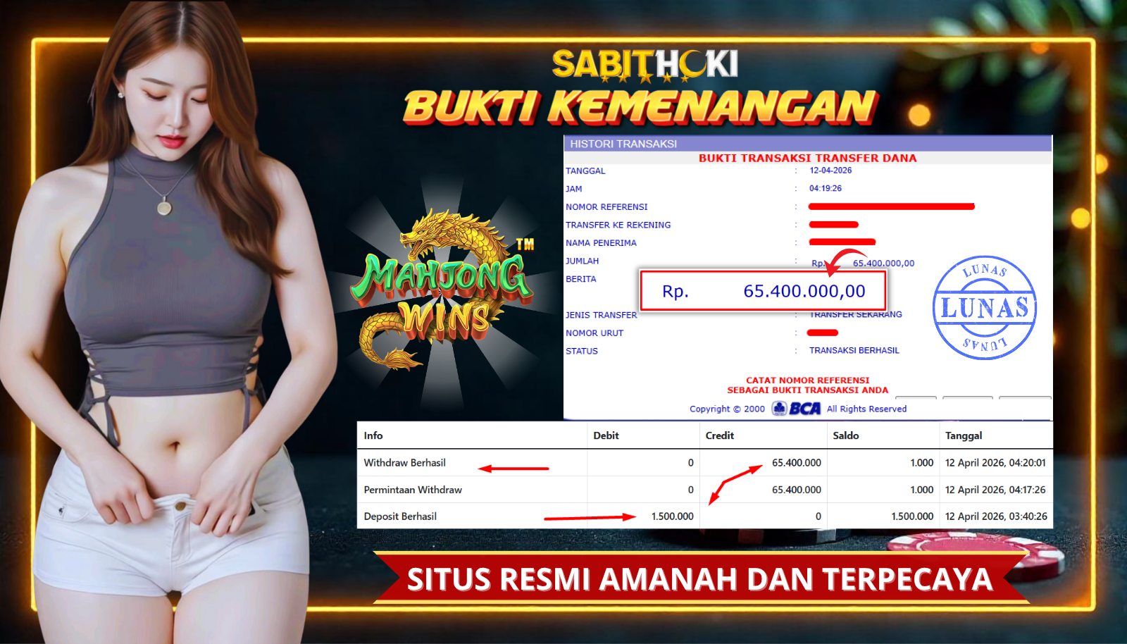 SELAMAT KEPADA MEMBER SETIA SABITHOKI BERHASIL JACKPOT DI PERMAINAN MAHJONG WAYS